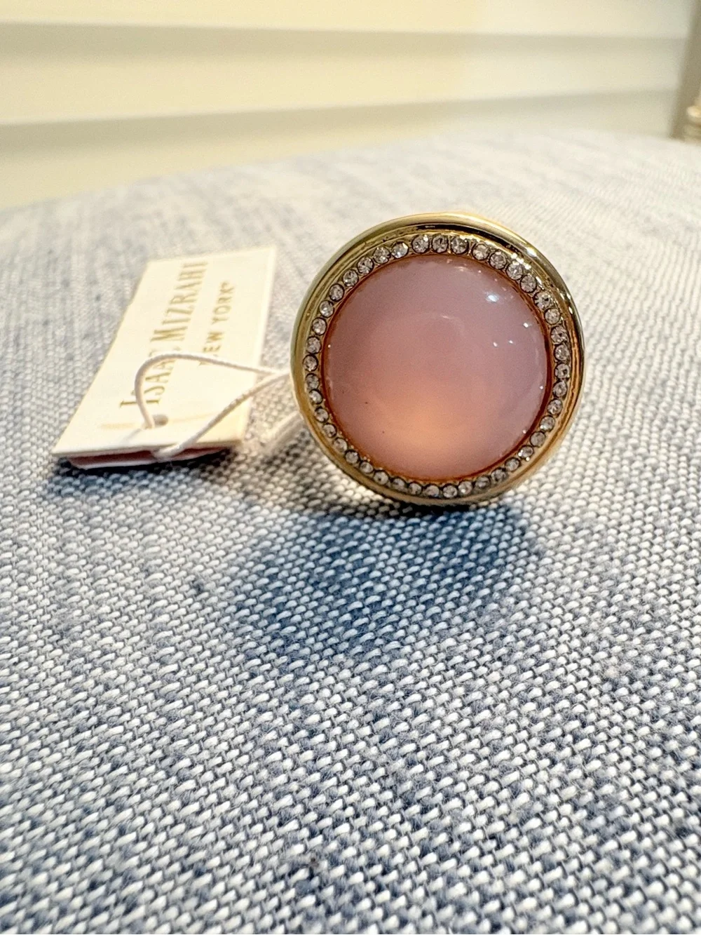 Isaac Mizrahi Gold-Tone Pink Cabochon Ring with Crystal Halo
